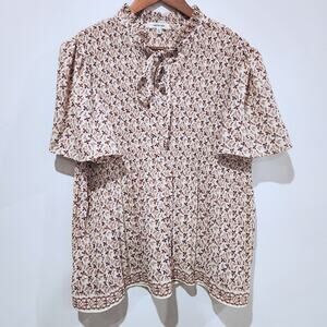 Max Studio Ivory Floral Wrinkled Tied Ruffle Neck Blouse Size Large Boho Career